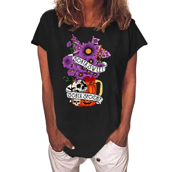 Sorta Sweet Sorta Spooky Flower Skull Pumpkin Halloween  Women's Loosen Crew Neck Short Sleeve T-Shirt