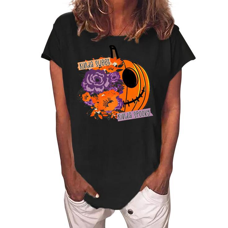 Sorta Sweet Sorta Spooky Funny Halloween Women Girls Pumpkin   Women's Loosen Crew Neck Short Sleeve T-Shirt