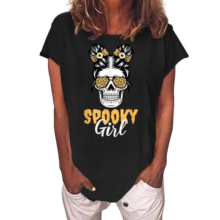 Spooky Halloween Girl Skull Messy Bun Leopard Costume  Women's Loosen Crew Neck Short Sleeve T-Shirt
