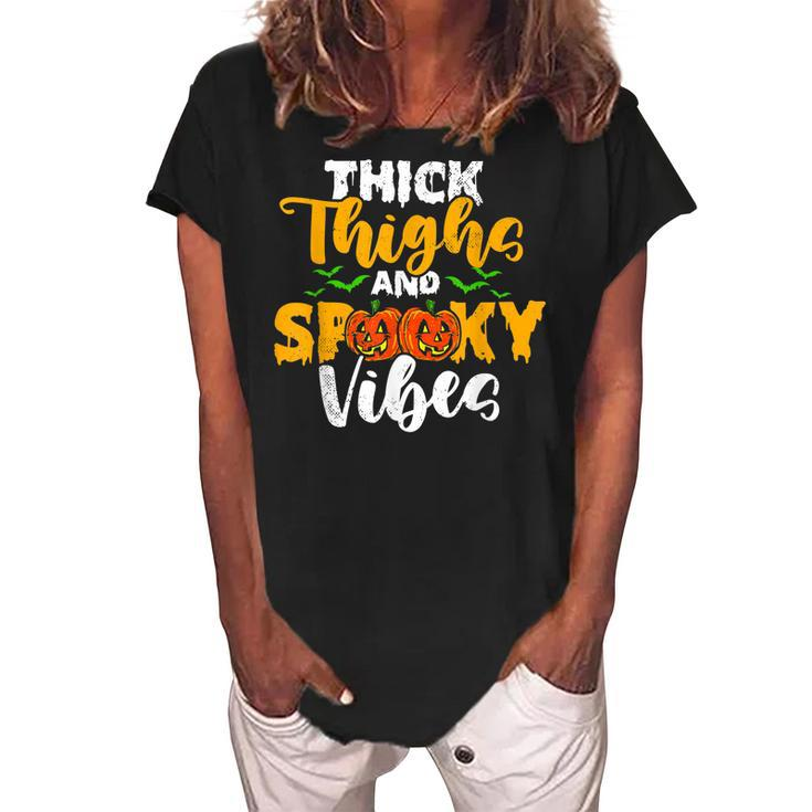 Spooky Halloween Thick Thighs Spooky Vibes Halloween   Women's Loosen Crew Neck Short Sleeve T-Shirt