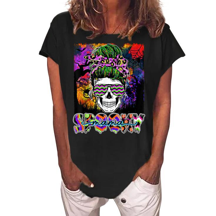 Spooky Mama Halloween Costume Witch Skull Messy Bun Leopard  Women's Loosen Crew Neck Short Sleeve T-Shirt