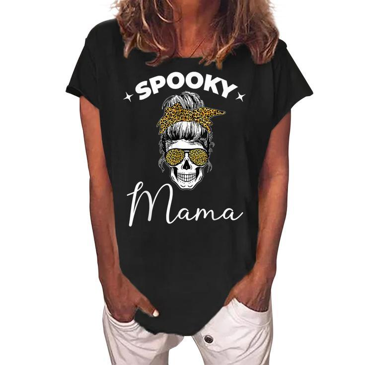 Spooky Mama Skull Messy Bun Glasses Leopard Halloween  V2 Women's Loosen Crew Neck Short Sleeve T-Shirt