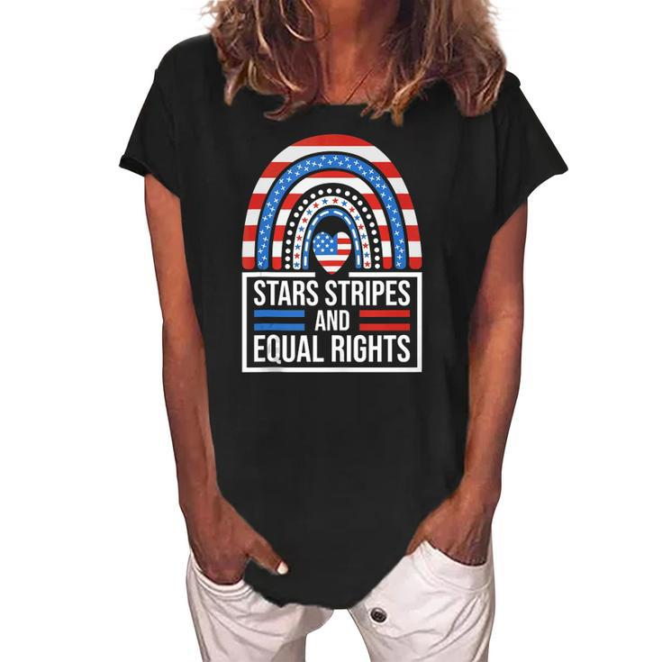Stars Stripes &Amp Equal Rights Rainbow American Flag Feminist Women's Loosen Crew Neck Short Sleeve T-Shirt