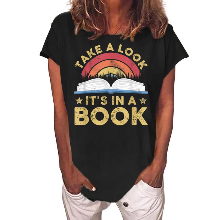 Take A Look Its In A Book Reading Vintage Retro Rainbow  Women's Loosen Crew Neck Short Sleeve T-Shirt