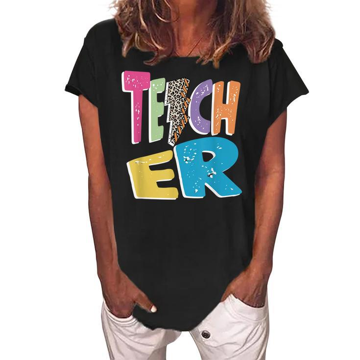 Teacher Colorful Distressed Leopard Lightning Bolt Trendy  Women's Loosen Crew Neck Short Sleeve T-Shirt