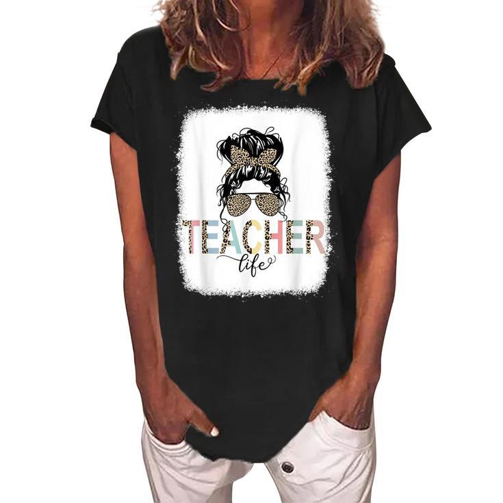 Teacher Life Bleached  Teacher Life Royal Messy Bun  Women's Loosen Crew Neck Short Sleeve T-Shirt