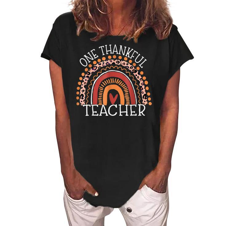 Teacher Thanksgiving - Leopard Rainbow One Thankful Teacher  Women's Loosen Crew Neck Short Sleeve T-Shirt