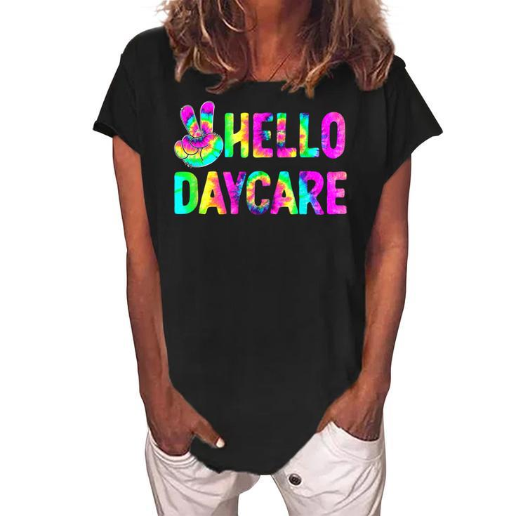 Tie Dye Hello Daycare Back To School Teachers Kids  Women's Loosen Crew Neck Short Sleeve T-Shirt