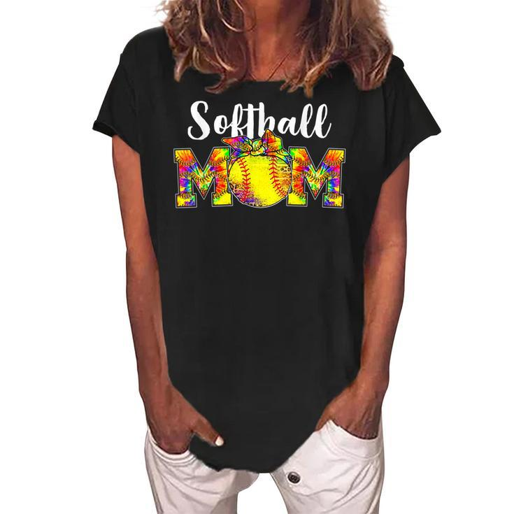 Tie Dye Softball Mom  Softball Game Day Vibes Mothers Day  Women's Loosen Crew Neck Short Sleeve T-Shirt