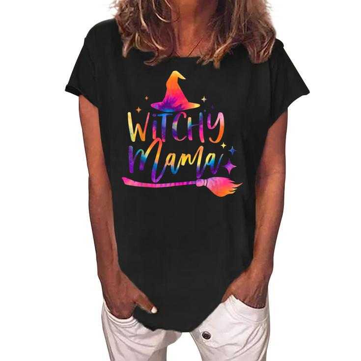 Tie Dye Witchy Mama Witch Hat Broom Spooky Mama Halloween  Women's Loosen Crew Neck Short Sleeve T-Shirt