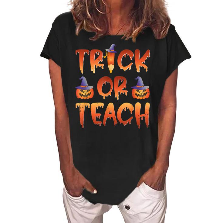 Trick Or Teach  Cute Halloween Costume School Teacher  Women's Loosen Crew Neck Short Sleeve T-Shirt