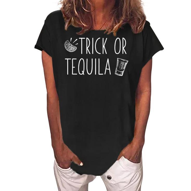 Trick Or Tequila Halloween Funny Drinking Meme  Women's Loosen Crew Neck Short Sleeve T-Shirt