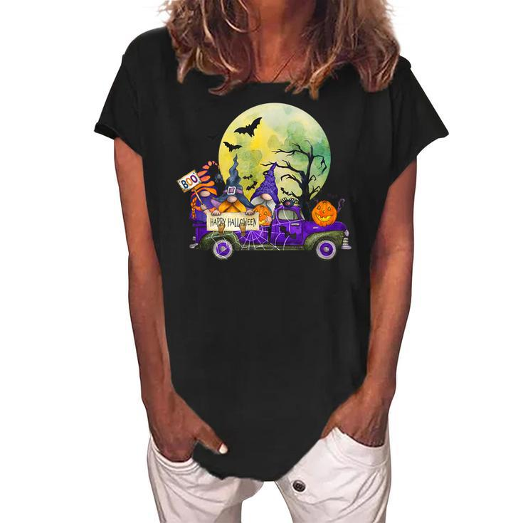 Truck With Cute Gnomes And Pumpkins In Halloween  Women's Loosen Crew Neck Short Sleeve T-Shirt