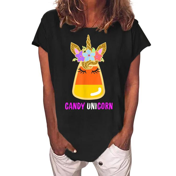 Unicorn Candy Corn Halloween Trick Or Treat Party Girl Gifts  Women's Loosen Crew Neck Short Sleeve T-Shirt