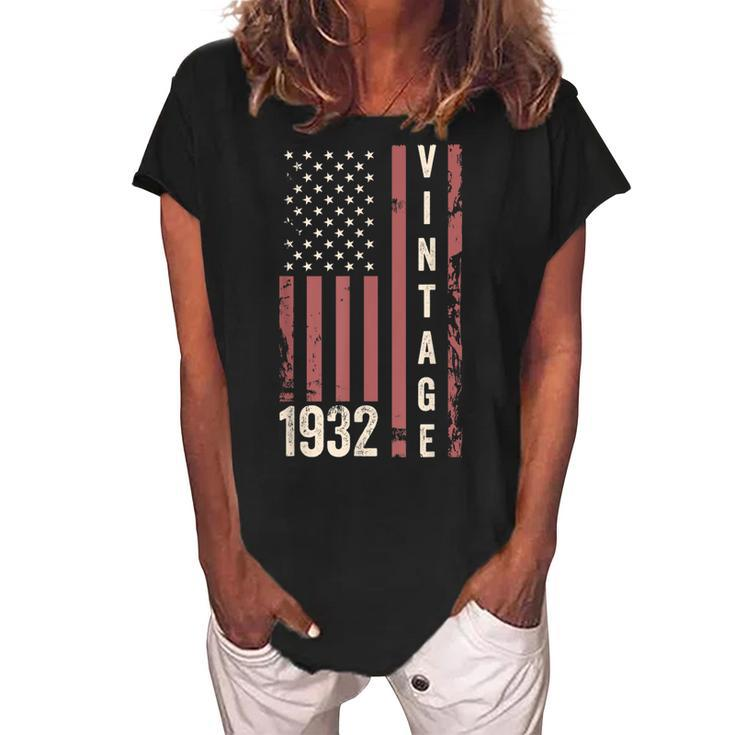 Vintage 1932 90Th Birthday 90 Years Old Funny American Flag  Women's Loosen Crew Neck Short Sleeve T-Shirt