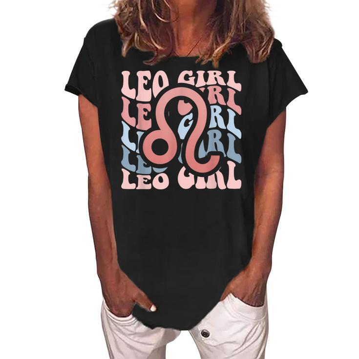 Vintage Leo Girl Retro Birthday Queen Women Horoscope  Women's Loosen Crew Neck Short Sleeve T-Shirt
