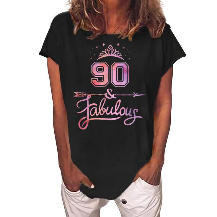 Women 90 Years Old And Fabulous Happy 90Th Birthday  Women's Loosen Crew Neck Short Sleeve T-Shirt