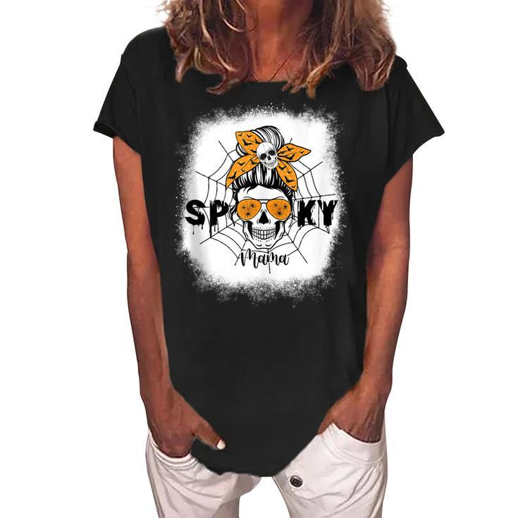 Women Spooky Mama Halloween Skull Messy Bun Witch Mom  Women's Loosen Crew Neck Short Sleeve T-Shirt