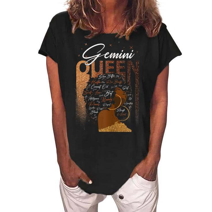 Womens Funny Gemini Girl Zodiac Birthday Pride Melanin Afro Queen  Women's Loosen Crew Neck Short Sleeve T-Shirt