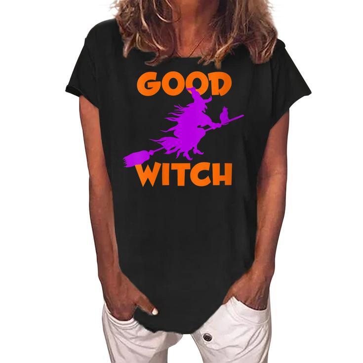 Womens Good Witch Halloween Riding Broomstick Silhouette  Women's Loosen Crew Neck Short Sleeve T-Shirt