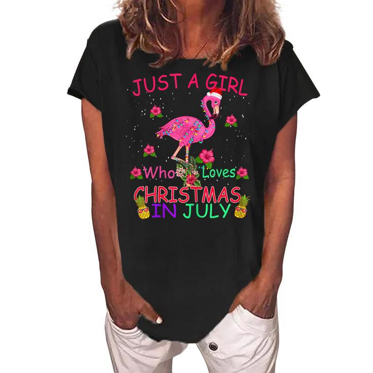 Womens Just A Girl Who Loves Christmas In July Flamingo  Women's Loosen Crew Neck Short Sleeve T-Shirt