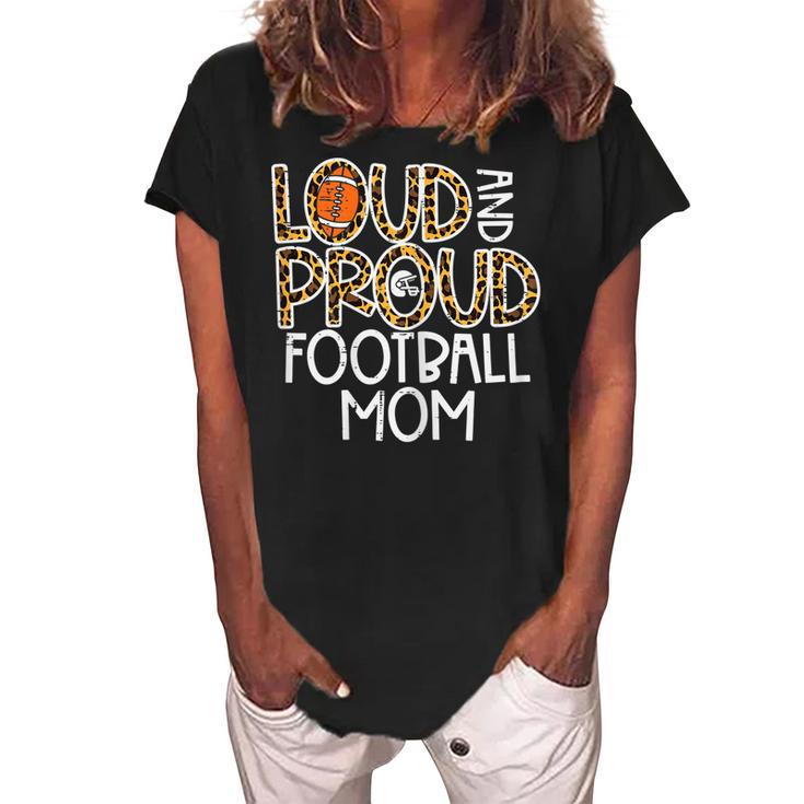 Womens Leopard Loud & Proud American Football Mom Family Mama Mommy  Women's Loosen Crew Neck Short Sleeve T-Shirt