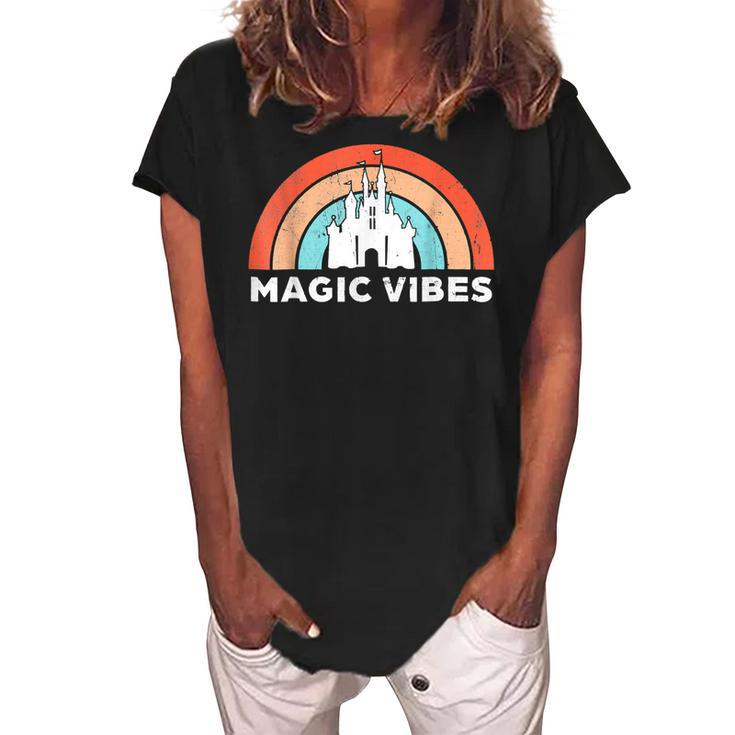 Womens Magic Vibes Cute Matching Vacation Tops  Women's Loosen Crew Neck Short Sleeve T-Shirt