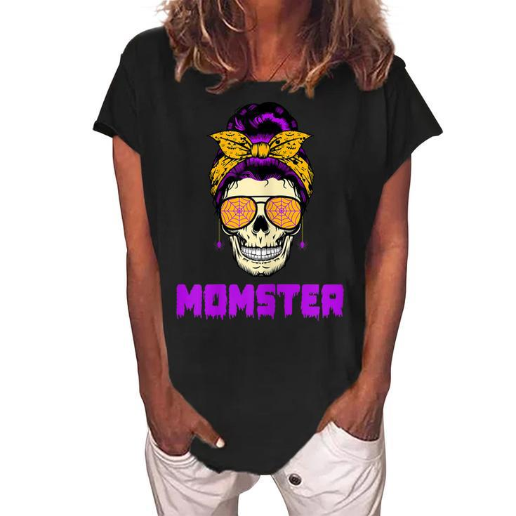 Womens Messy Bun Halloween Costume Monster Mom Momster  Women's Loosen Crew Neck Short Sleeve T-Shirt
