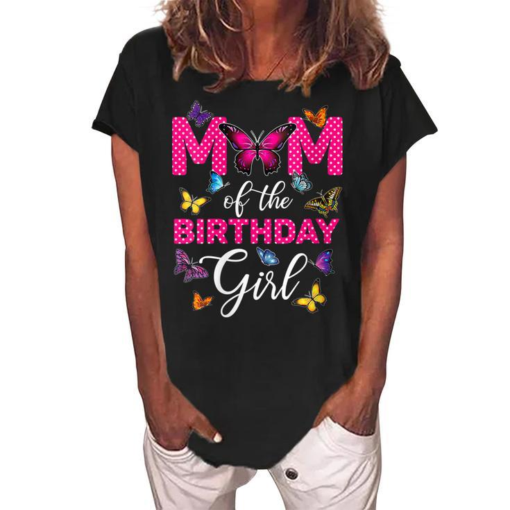 Womens Mom Of The Birthday Girl  Butterfly Mama Mommy 1St Bday  Women's Loosen Crew Neck Short Sleeve T-Shirt