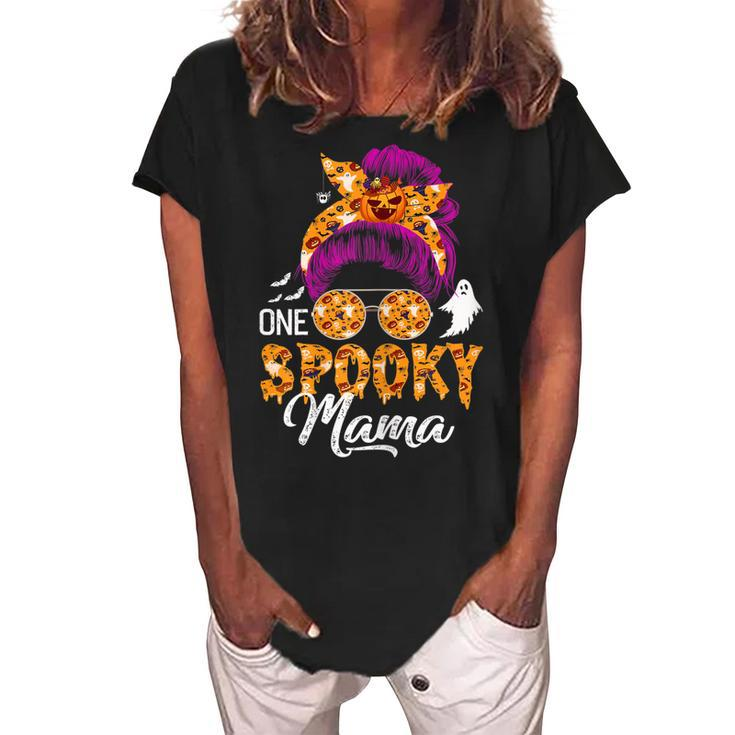 Womens One Spooky Mama  Halloween Messy Bun Hair Ghosts Lover  Women's Loosen Crew Neck Short Sleeve T-Shirt