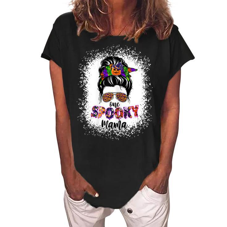Womens One Spooky Mama Witchy Mama Halloween Messy Bun Mom Bleached  Women's Loosen Crew Neck Short Sleeve T-Shirt