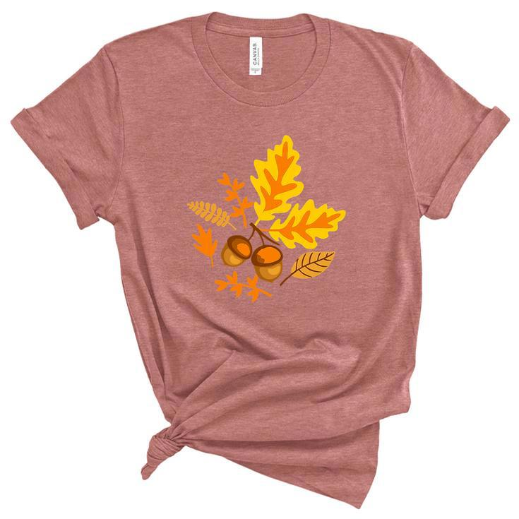 Autumn Leaves And Acorns Fall For Thanksgiving Cute Graphic Design Printed Casual Daily Basic Unisex Crewneck Soft Tee