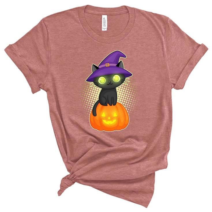 Funny Halloween Cute Halloween Cute Witch Kitten With Pumpkin Graphic Design Printed Casual Daily Basic Women's Short Sleeve T-shirt Unisex Crewneck Soft Tee