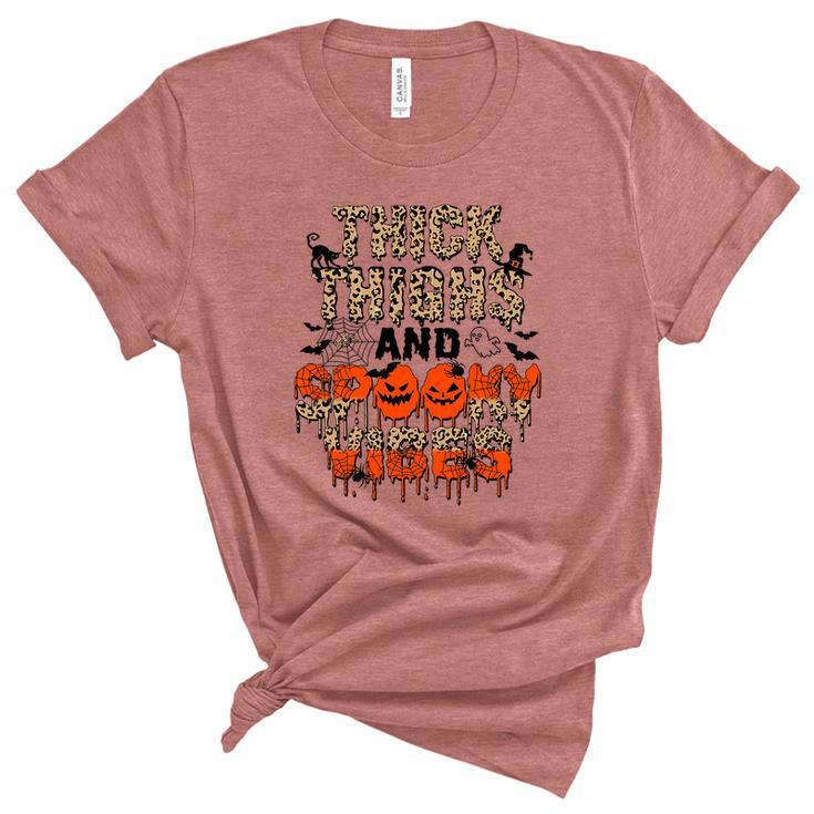 Leopard Thick Thighs And Spooky Vibes Funny Halloween Graphic Design Printed Casual Daily Basic Unisex Crewneck Soft Tee - Thegiftio