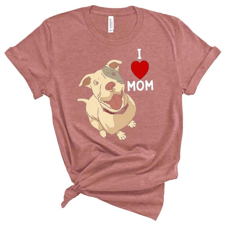 Womens I Love Mom Valentines Day Cute Dog Pitbull Mama V Day Pajama  Women's Short Sleeve T-shirt Unisex Crewneck Soft Tee