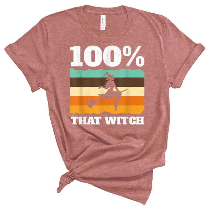 100 That Witch On Broom Retro Halloween  Unisex Crewneck Soft Tee
