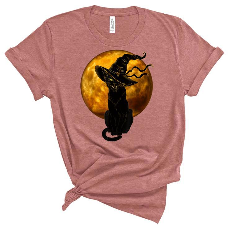 Beautiful Halloween Black Cat With Witch Hat Full Moon - Cat  Unisex Crewneck Soft Tee