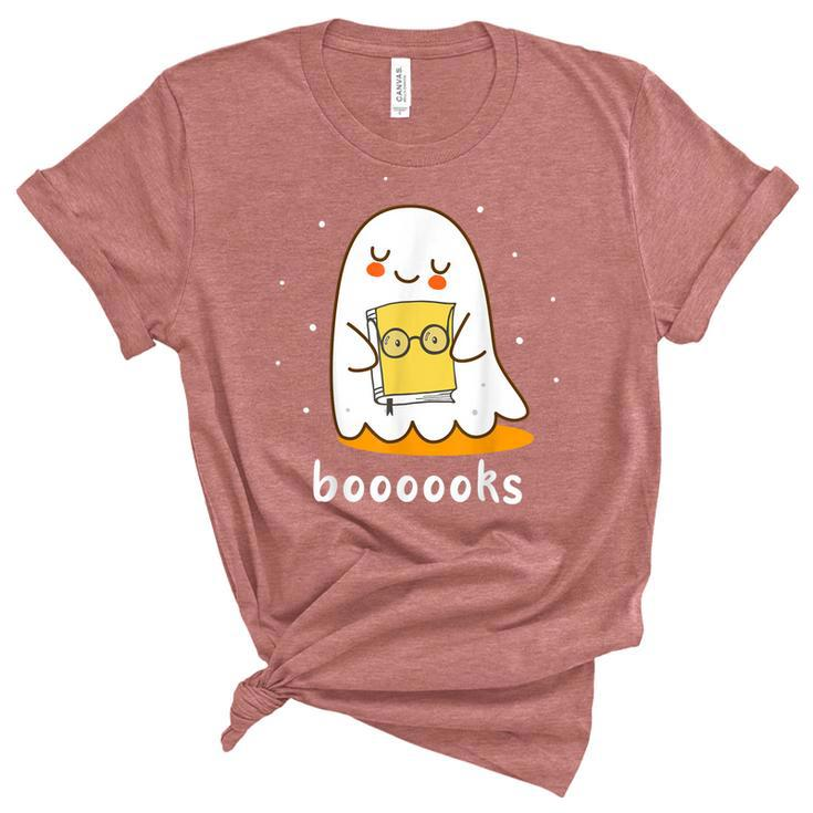 Booooks Cute Ghost Reading Library Books Halloween Teacher  Women's Short Sleeve T-shirt Unisex Crewneck Soft Tee