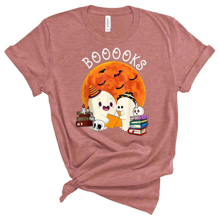 Booooks Ghost Boo Read Book Library Moon Halloween Boy Girl  Women's Short Sleeve T-shirt Unisex Crewneck Soft Tee