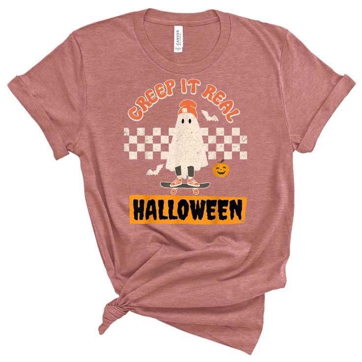 Creep It Real Retro Halloween Funny Ghost Skateboarding  Unisex Crewneck Soft Tee