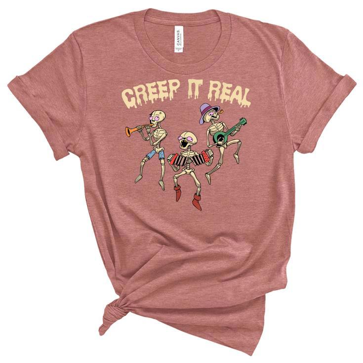 Creep It Real Skeleton Playing Music Funny Halloween  Women's Short Sleeve T-shirt Unisex Crewneck Soft Tee