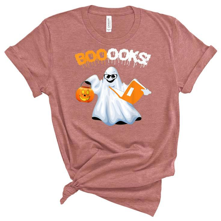 Cute Booooks Ghost Boo Read Books Library Teacher Halloween  Women's Short Sleeve T-shirt Unisex Crewneck Soft Tee
