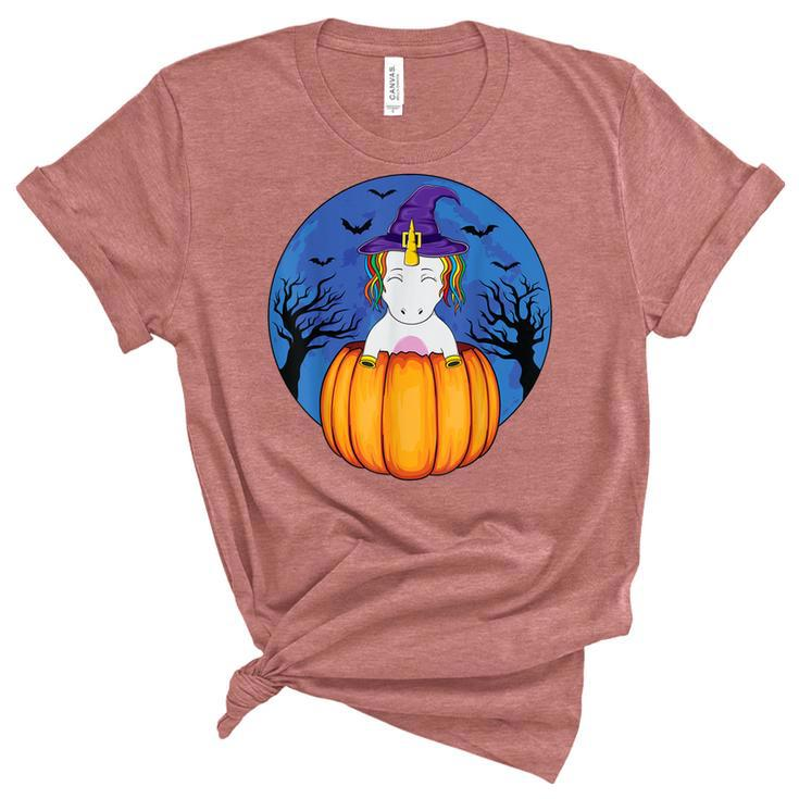 Cute Unicorn Wearing Witch Hat Halloween Pumpkin Girls Kids  Unisex Crewneck Soft Tee