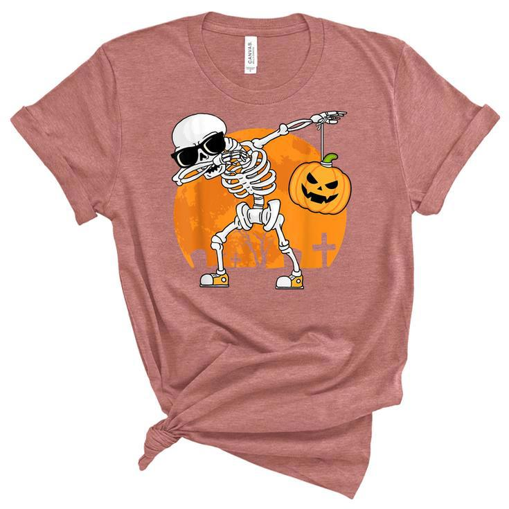 Dabbing Skeleton Funny Halloween Pumpkin Skeleton  Unisex Crewneck Soft Tee