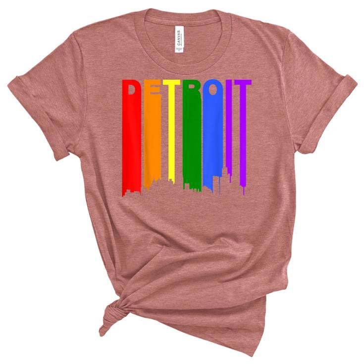 Detroit Michigan Rainbow Skyline Lgbt Gay Pride  Women's Short Sleeve T-shirt Unisex Crewneck Soft Tee