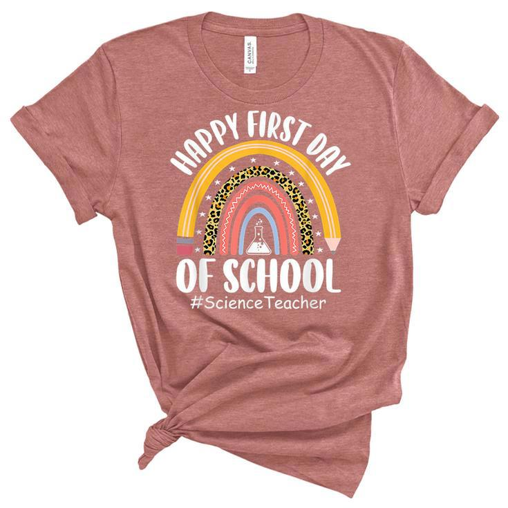 First Day Of School Science Teacher Rainbow Back To School  Women's Short Sleeve T-shirt Unisex Crewneck Soft Tee