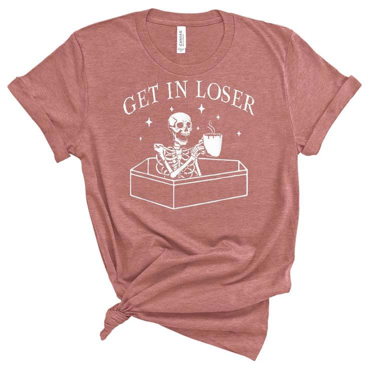 Get In Loser Skeleton In Coffin Spooky Halloween Costume  Women's Short Sleeve T-shirt Unisex Crewneck Soft Tee