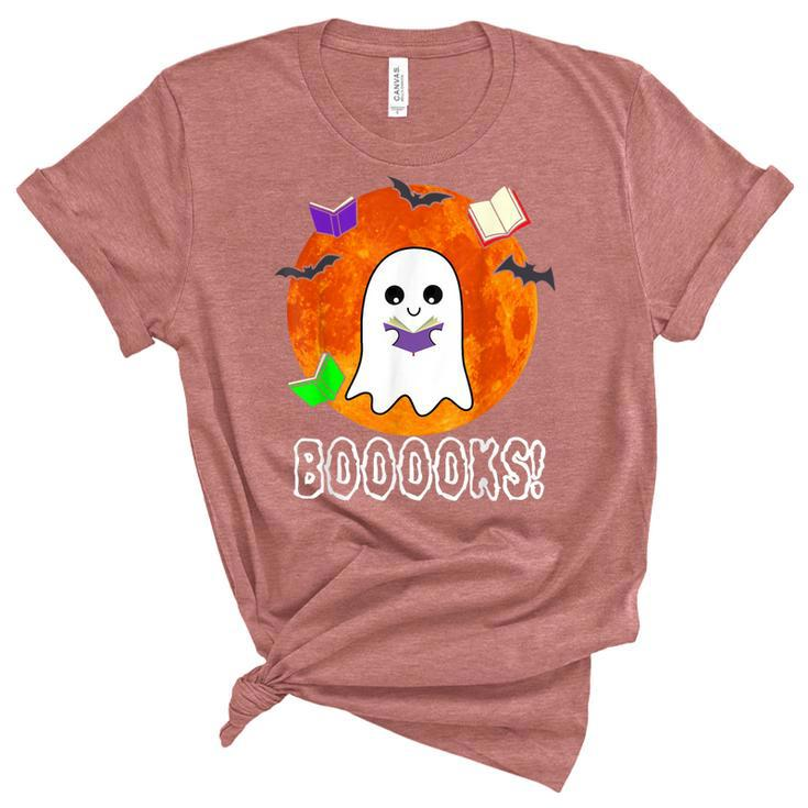 Ghost Book Boo Reading Booooks Halloween Library Teachers  Women's Short Sleeve T-shirt Unisex Crewneck Soft Tee