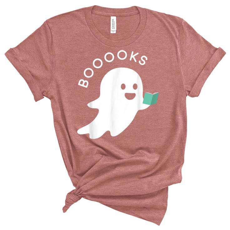 Halloween Booooks Ghost Reading Boo Read Books Library  Women's Short Sleeve T-shirt Unisex Crewneck Soft Tee