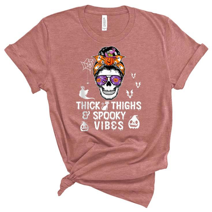 Halloween Skull Messy Bun Thick Thighs And Spooky Vibes Unisex Crewneck Soft Tee